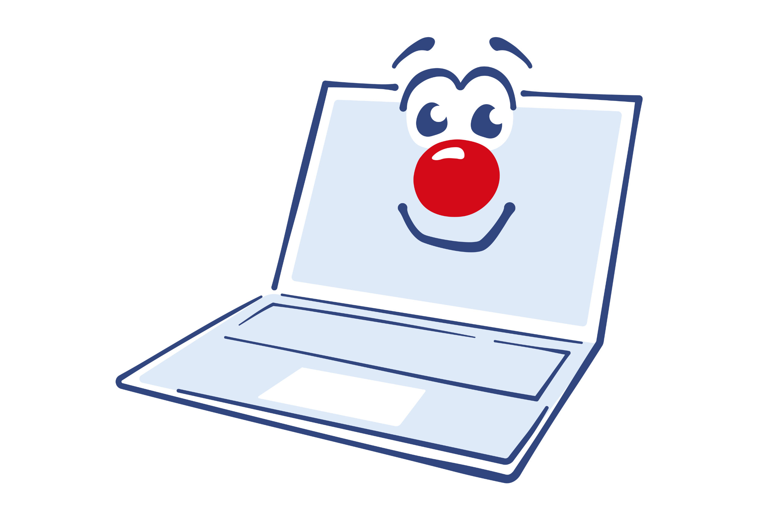 Ein lachender Laptop mit einer roten Clowns-Nase.