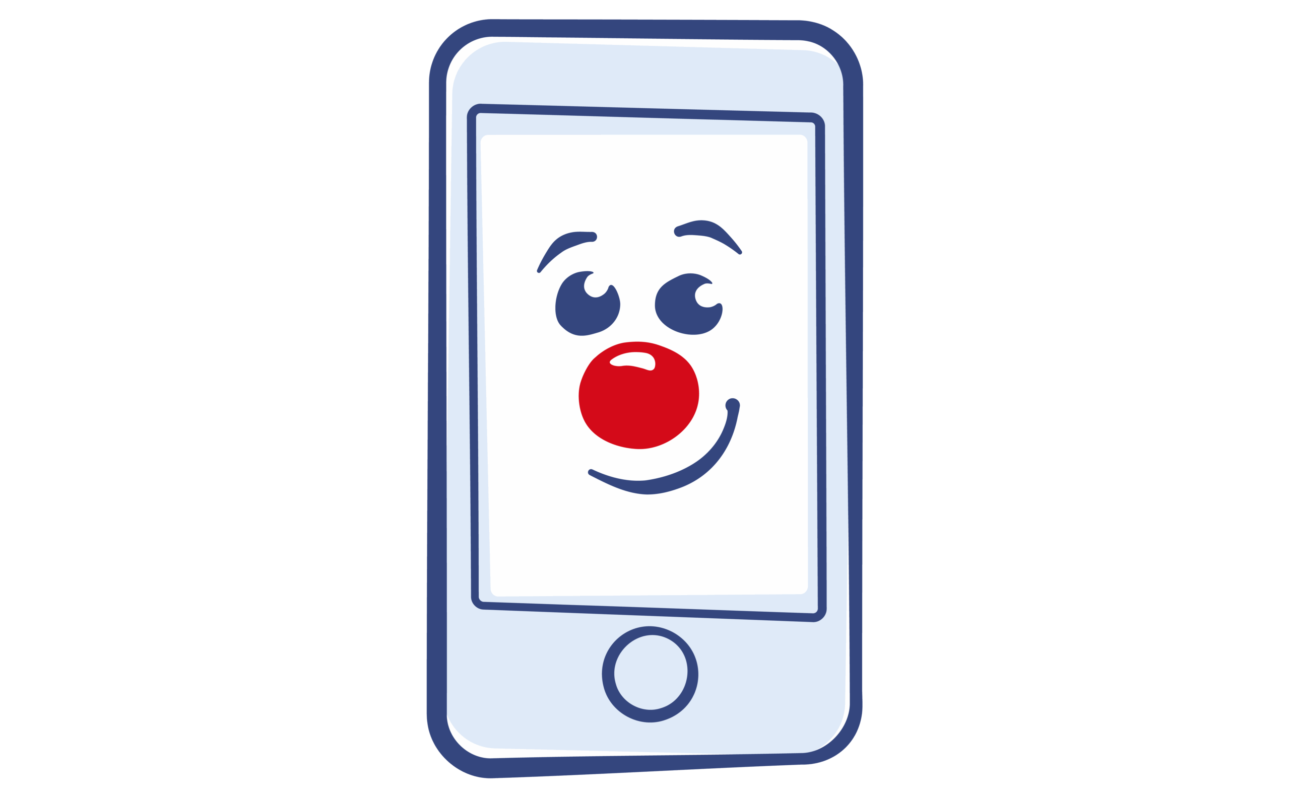 Ein Zeichentrick-Handy mit roter Nase und freundlichem Gesicht.